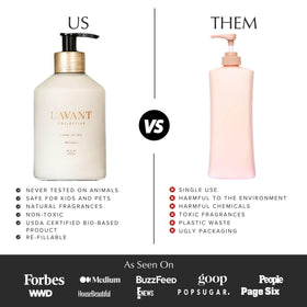 L'AVANT Collective bottle on bathroom counter with décor, elevates sink-side ambiance