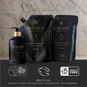 Pouring L'AVANT refill into glass bottle at sink, demonstrates simple waste-reducing refill process