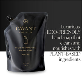 Close-up of L'AVANT pouch texture and spout, shows easy-pour design and quality materials