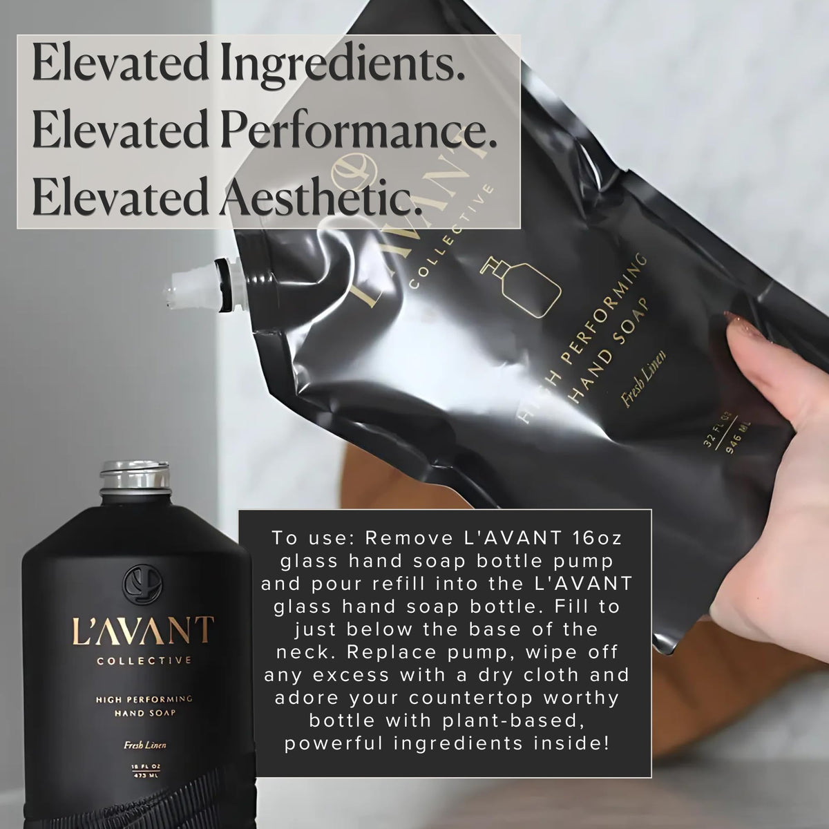 L'AVANT 32 fl oz pouch beside sink faucet for scale, shows large refill capacity