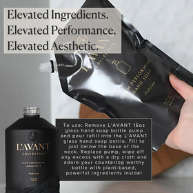 L'AVANT 32 fl oz pouch beside sink faucet for scale, shows large refill capacity