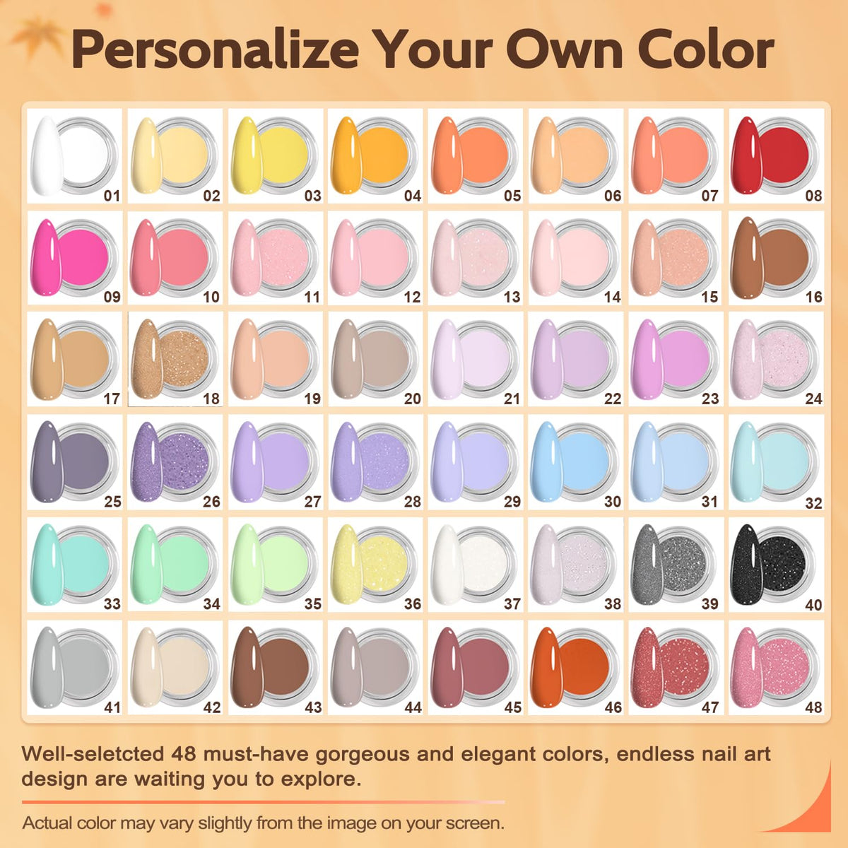 Lavender Violets colorful powders array showing 48 shades for creative variety