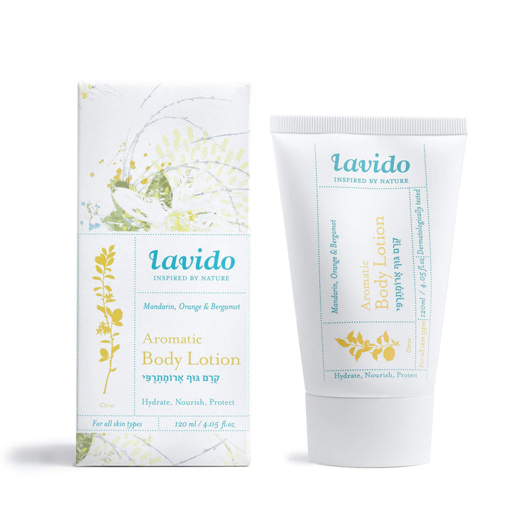 Lavido front bottle showing mandarin scent and hydrating benefit