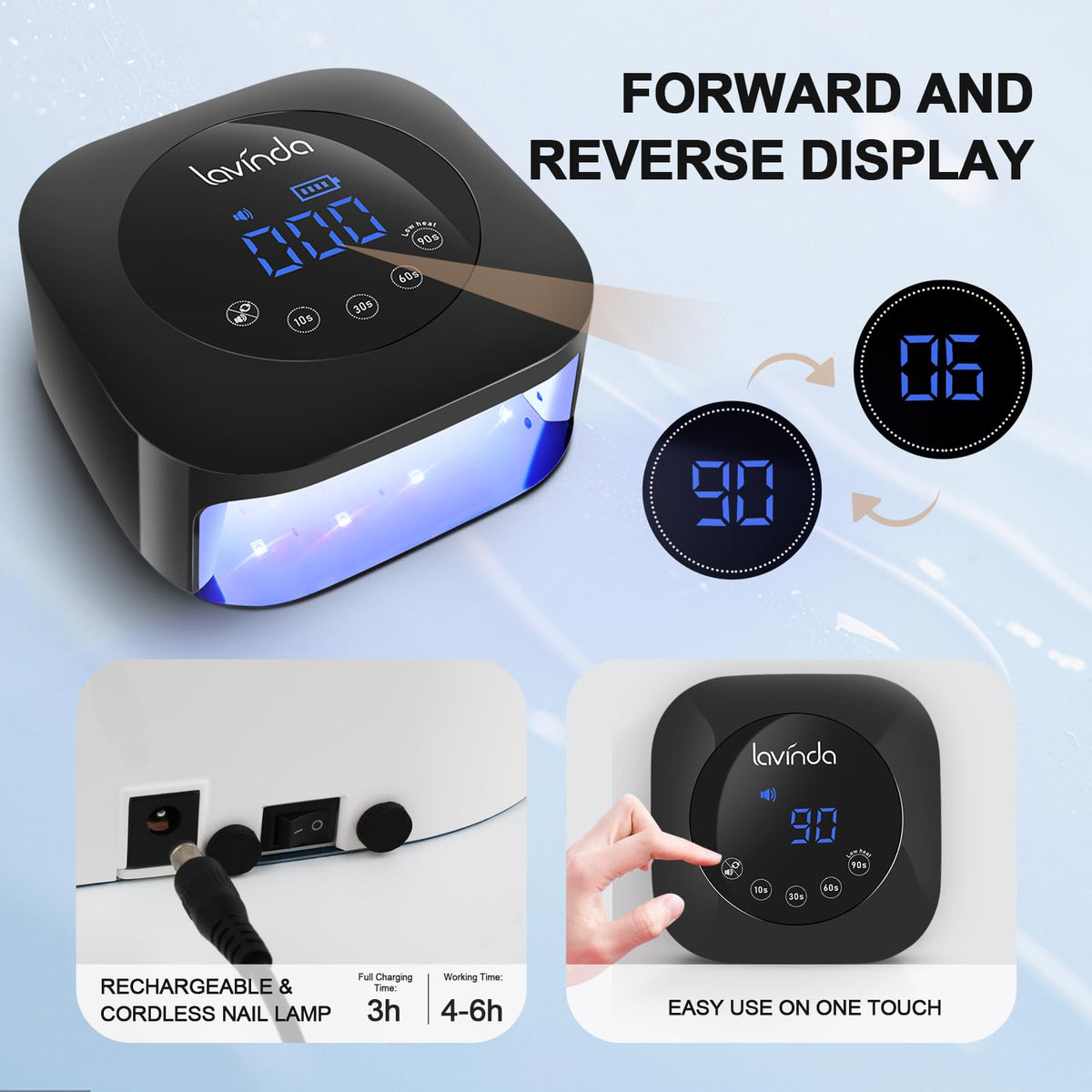 Lavinda curing five fingernails at once demonstrating spacious chamber for full manicures
