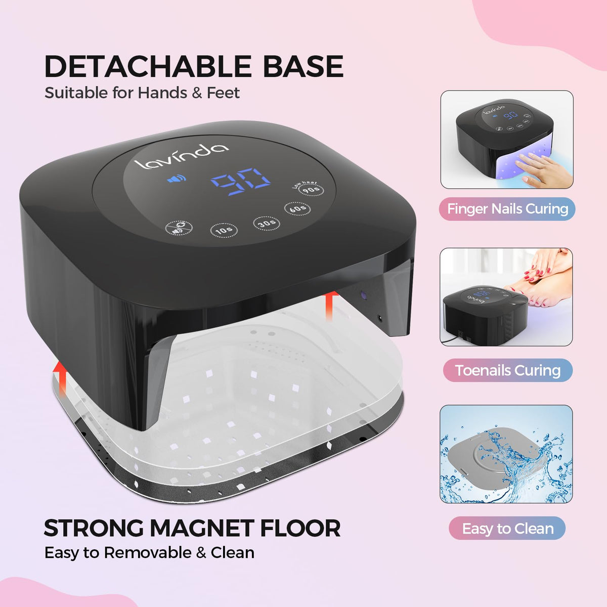 Lavinda removable magnetic base shown detached for pedicure flexibility and comfort