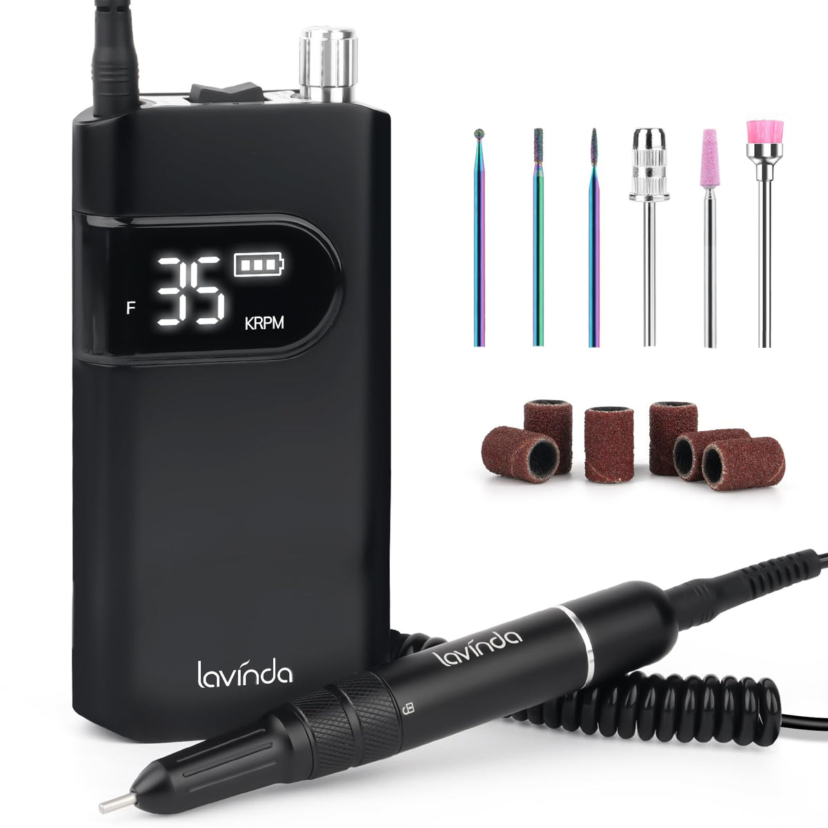 Lavinda front view of black e-file showing sleek design and portability