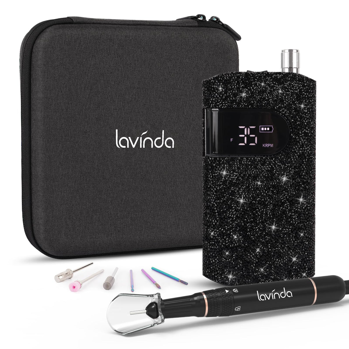 Lavinda front view with black rhinestones showing elegant cosmetic finish and style