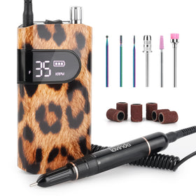 Lavinda front view leopard print drill showing compact design and portability