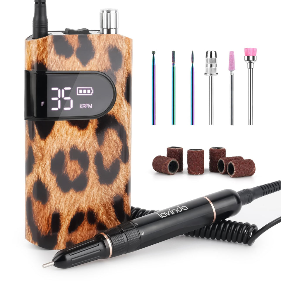 Lavinda front view leopard print drill showing compact design and portability