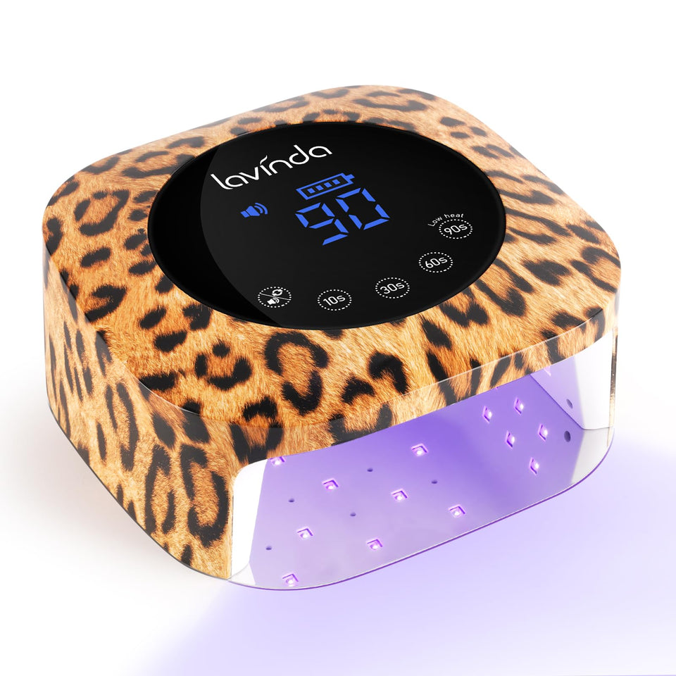 Lavinda front view leopard print showing compact cordless lamp and professional finish