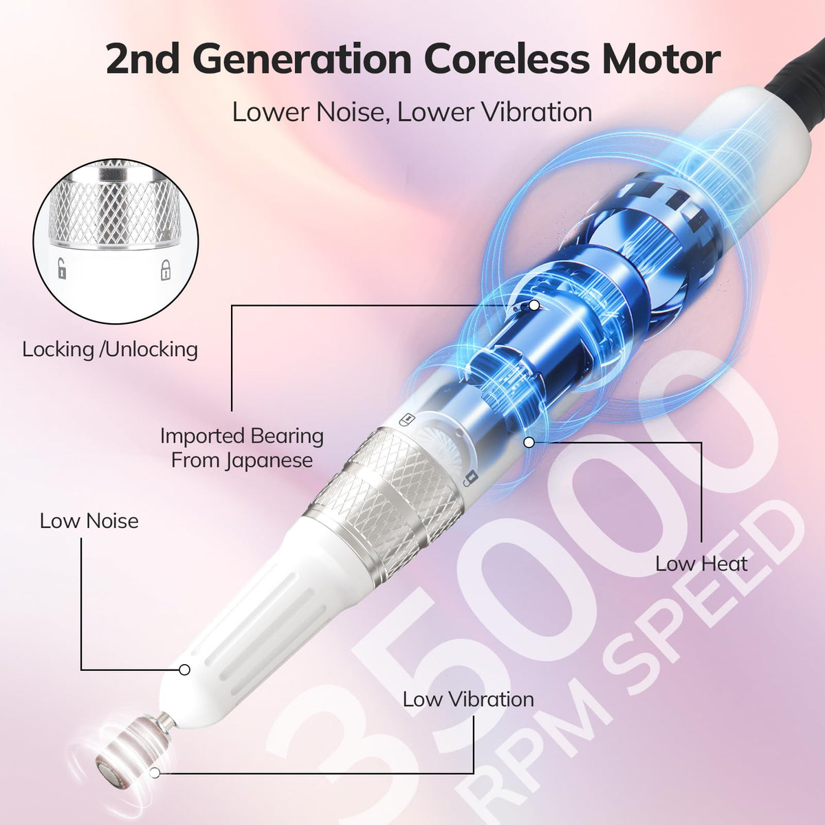 Lavinda handpiece closeup highlighting ergonomic grip and low vibration