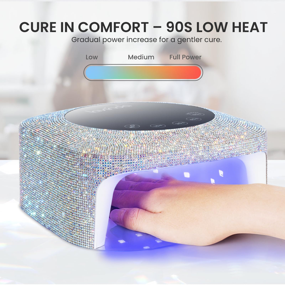 Lavinda lamp in use with hand under light demonstrating auto sensor