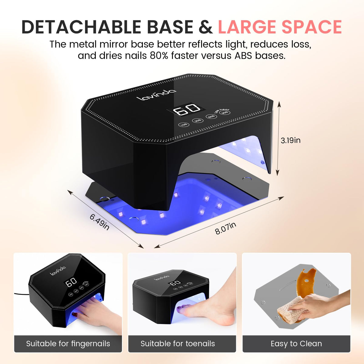 Lavinda pedicure space with foot showing roomy interior for toenail curing