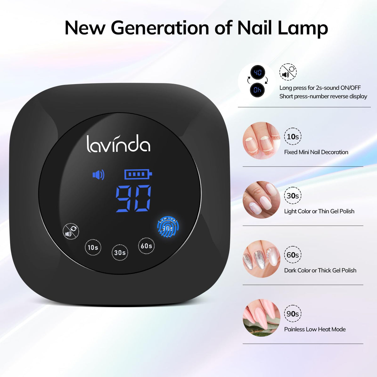 Lavinda touch LCD display showing timer settings and battery icon for easy control
