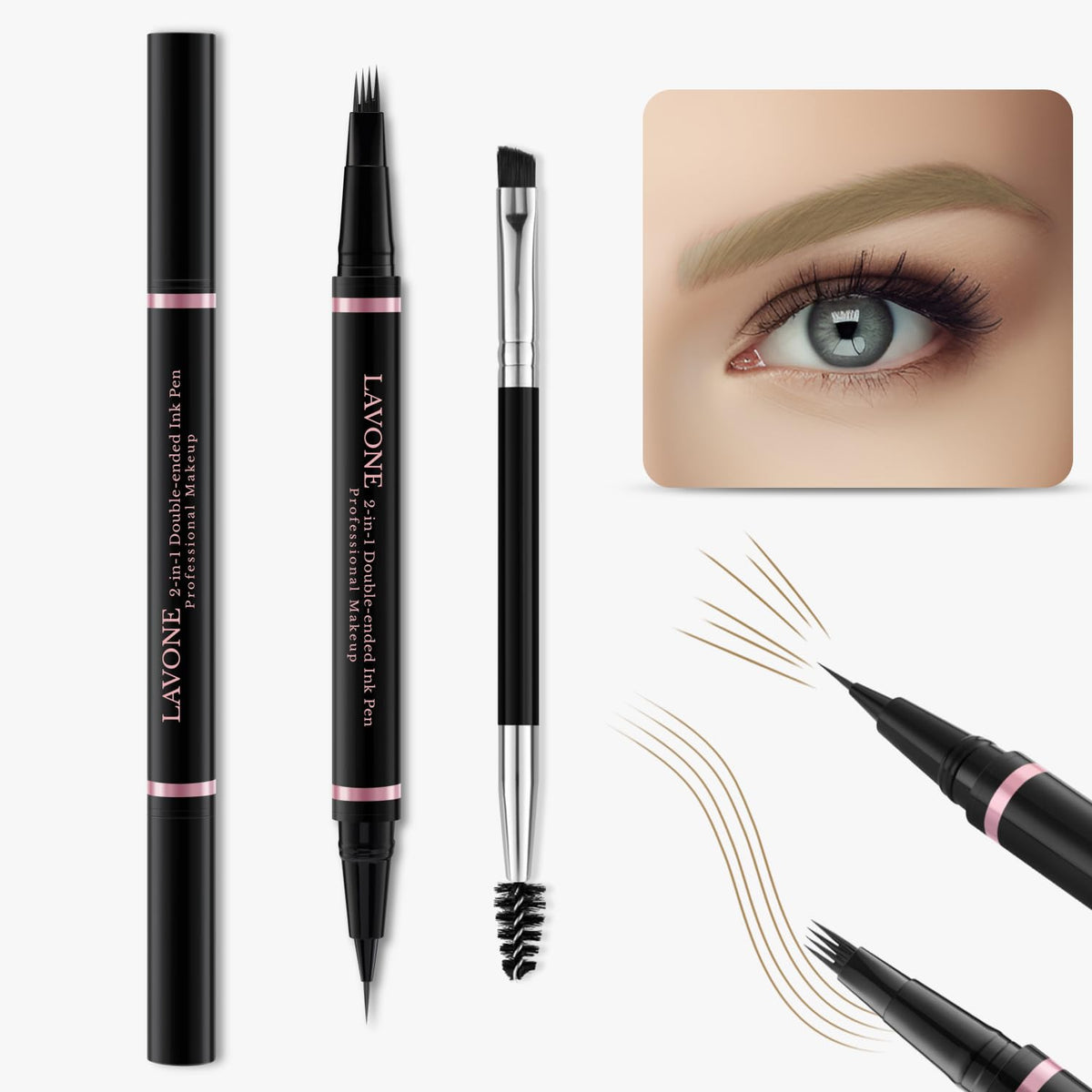 LAVONE close-up microblading tip creating natural hair-like strokes for realistic brows