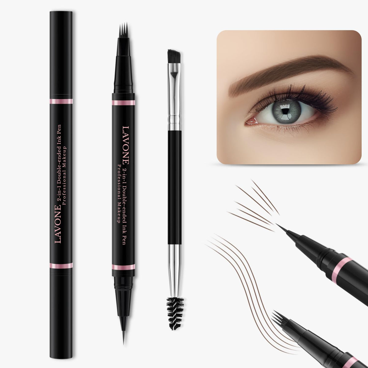 LAVONE eyebrow pen close-up tip demonstrates fine microblade precision for natural strokes