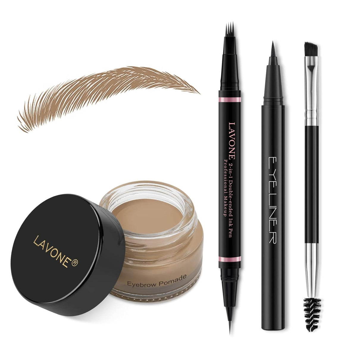 LAVONE front packaging showing full taupe brow kit for travel-ready grooming