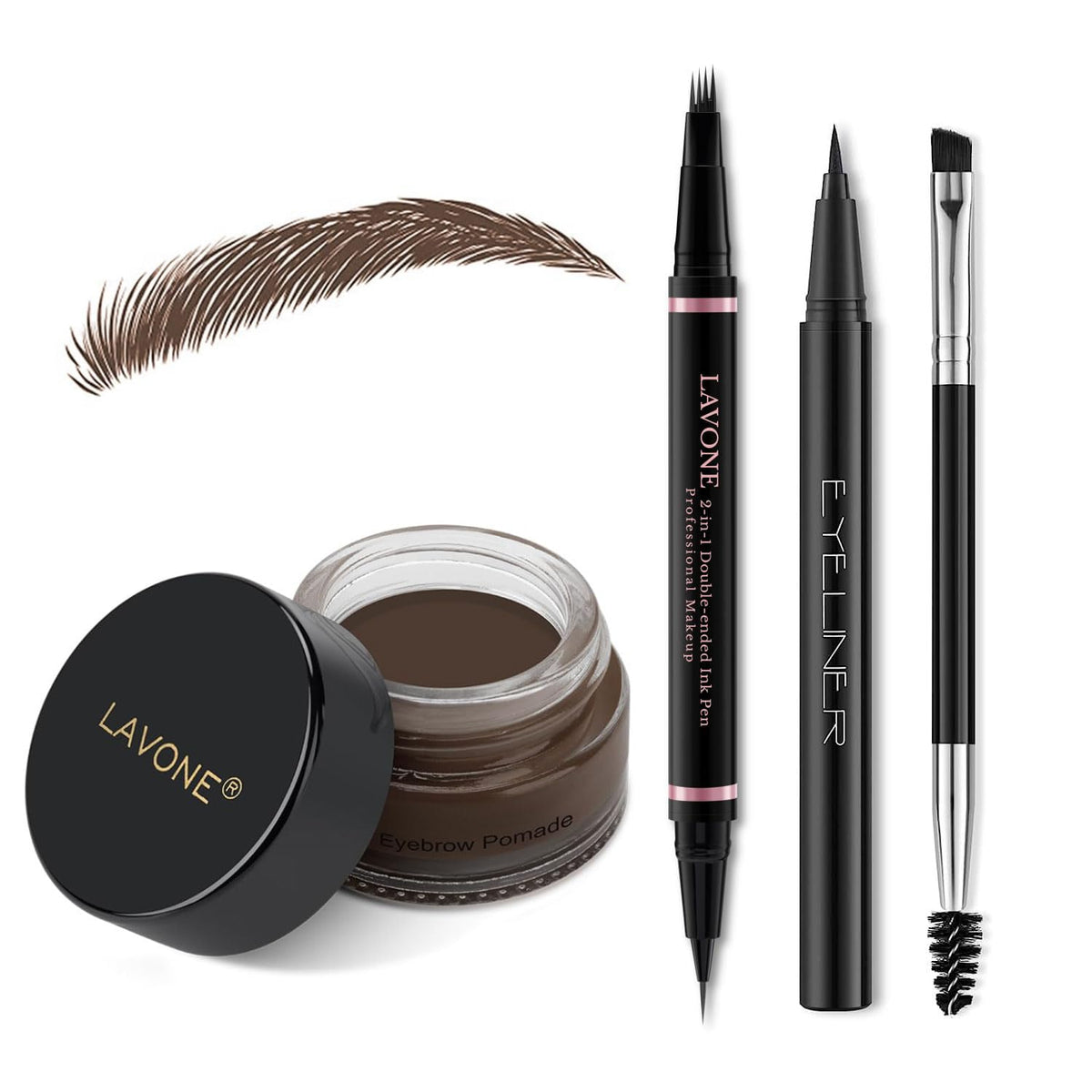 LAVONE front packaging showing complete eyebrow kit and pouch benefit quick setup