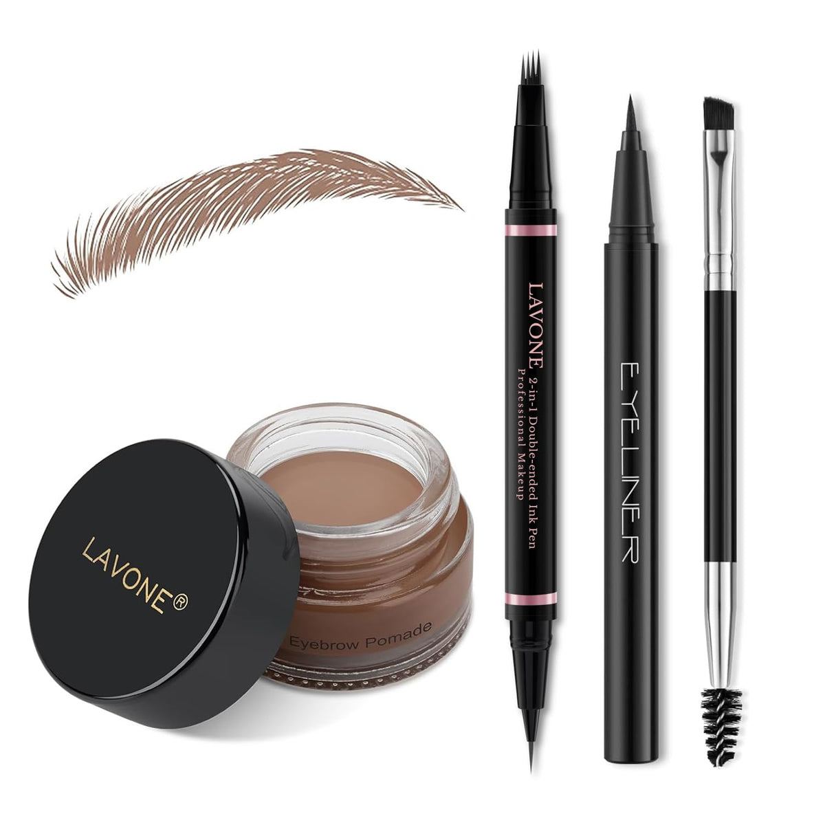 LAVONE kit front view showing pen, pomade, eyeliner and pouch for easy travel