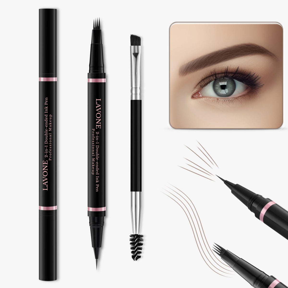 LAVONE microblade pen tip close-up creating hairlike strokes for natural brows