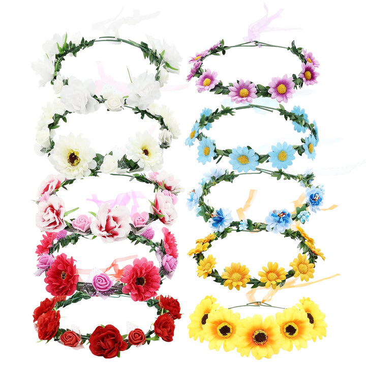Lawie front pack display showing ten colorful flower crowns and ribbons for easy styling