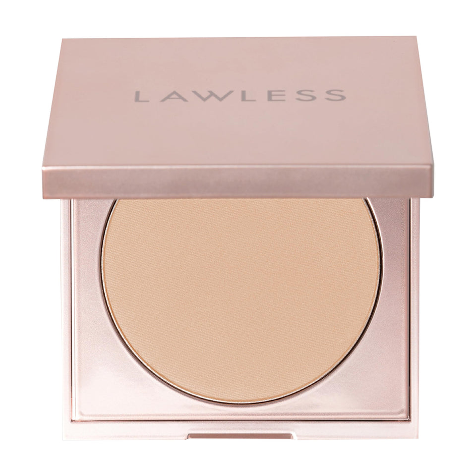 LAWLESS compact front view of Light Tan powder showing packaging and shade benefit