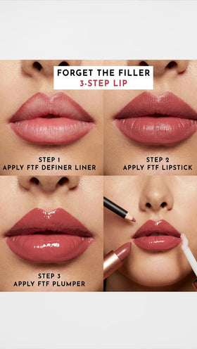 Lawless lipstick topped with gloss demonstrating added shine and hydration
