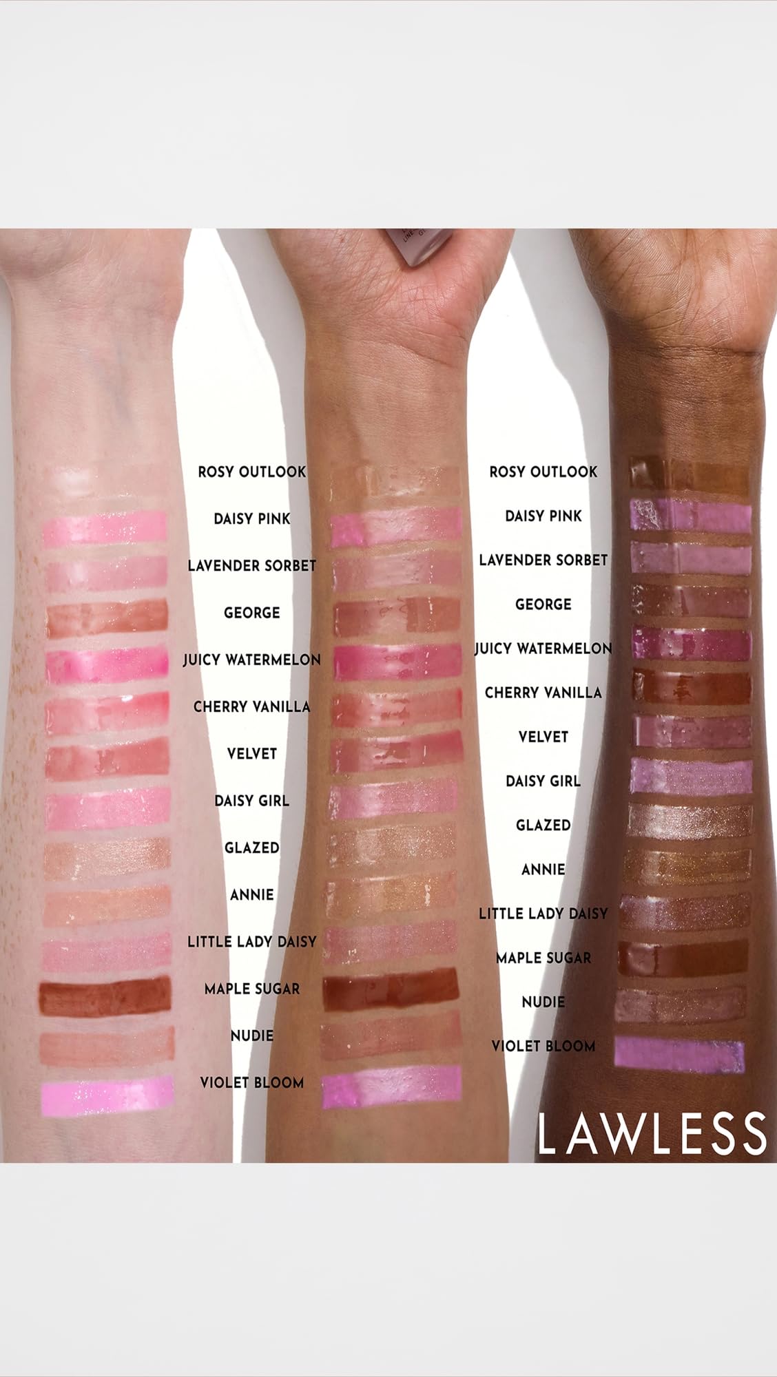 Lawless open tube detail showing clear glossy formula and moisturizing benefit