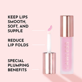 Lawless gloss worn on lips in daylight showing strawberry sheen and plumping effect