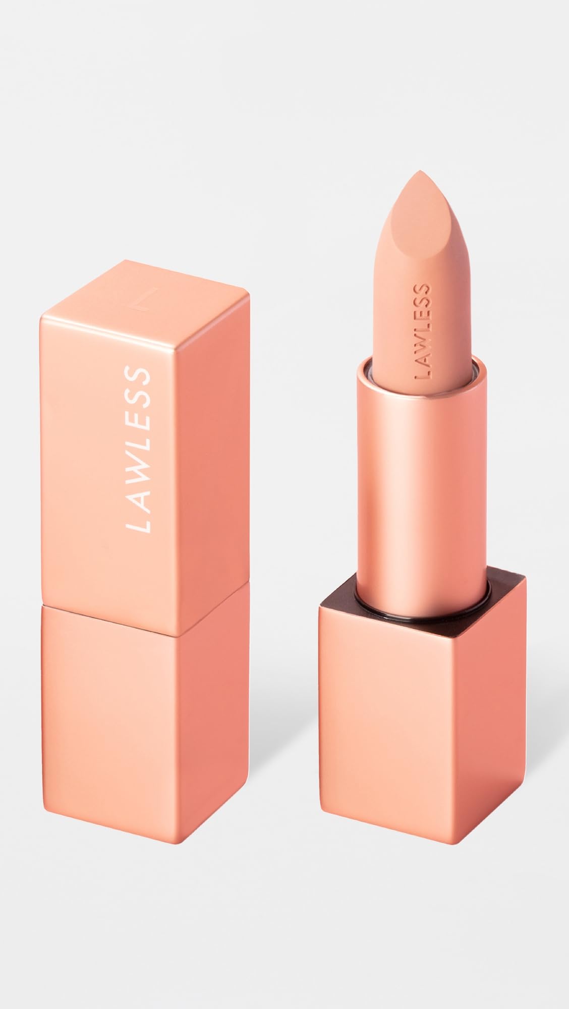 Lawless lipstick tube closed showcasing compact design and easy application benefit
