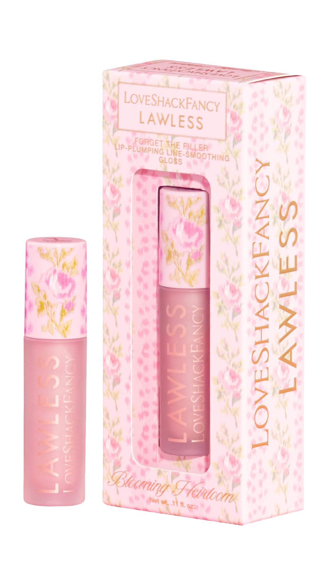Lawless x LoveShackFancy front packaging showing Blooming Heirloom gloss and elegant branding for collectible appeal