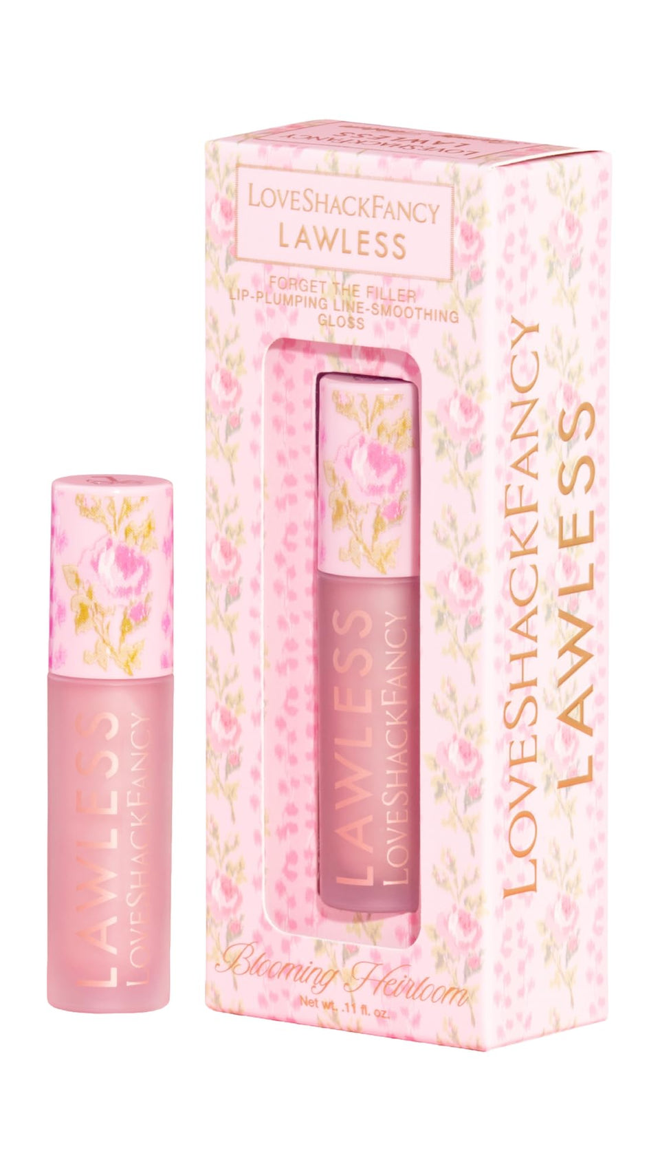 Lawless x LoveShackFancy front packaging showing Blooming Heirloom gloss and elegant branding for collectible appeal