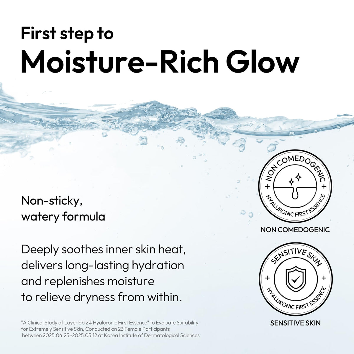 LAYERLAB essence droplets on skin demonstrating fast absorption benefit