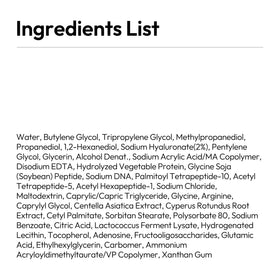 LAYERLAB ingredients flatlay featuring HA, PDRN, and peptides benefits