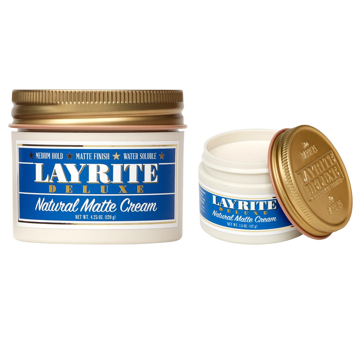 Layrite Deluxe Natural Matte Cream cream on fingers highlighting texture and easy application benefit