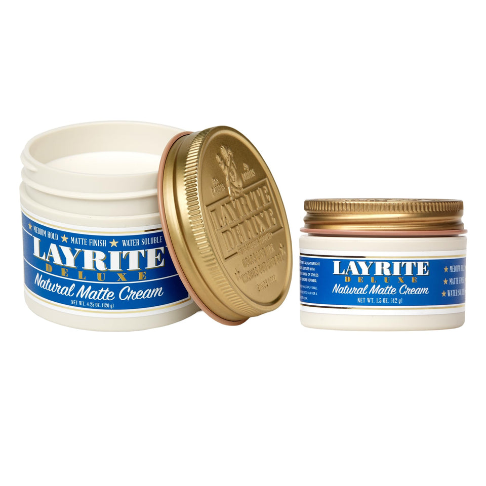 Layrite Deluxe Natural Matte Cream front jar showing size and matte label for travel-ready styling