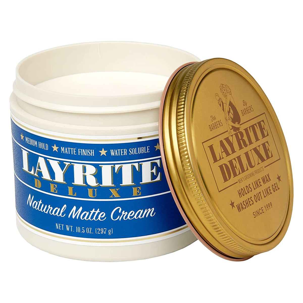 Layrite Natural Matte open jar close-up showing cream texture and easy distribution