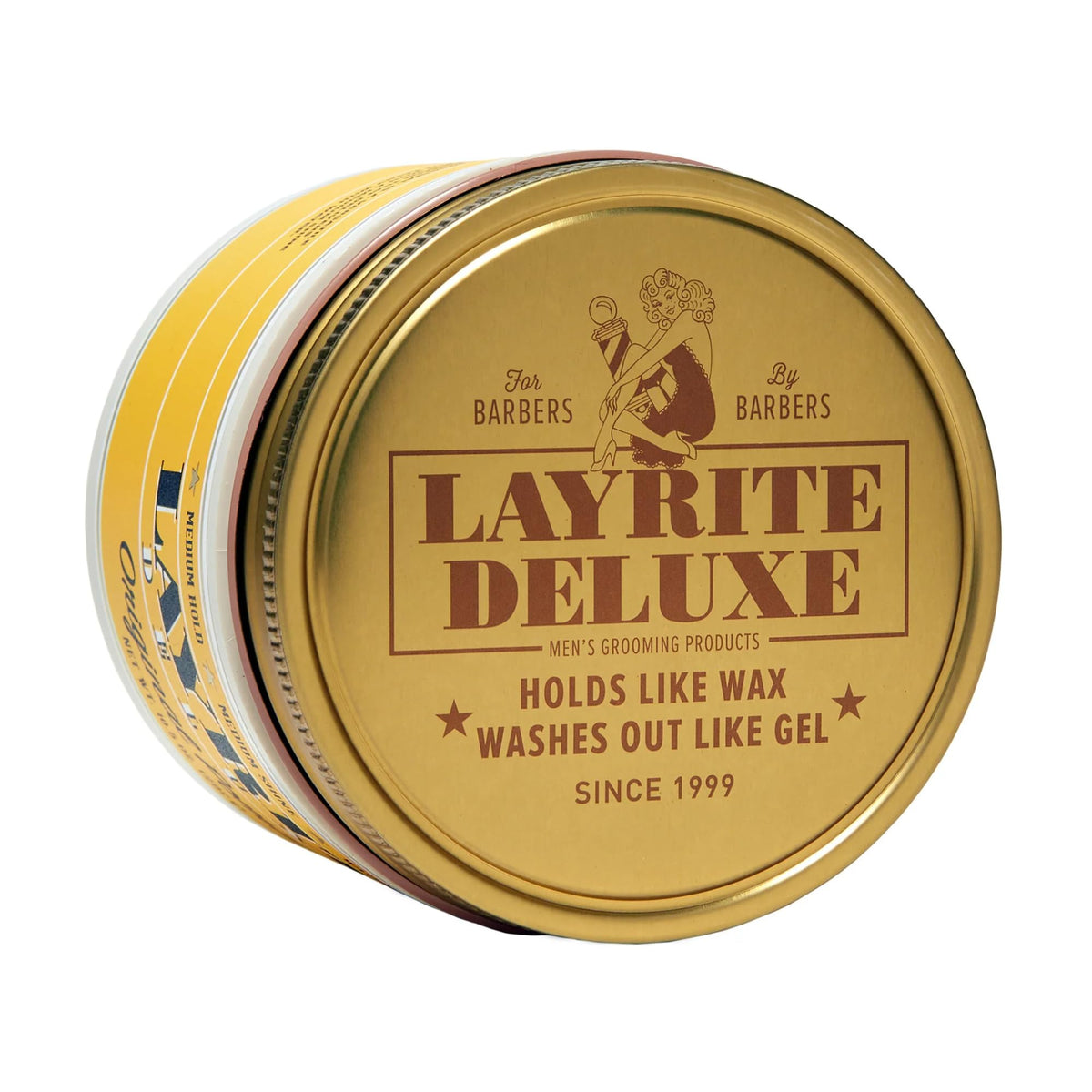 Layrite pomade in use on styled men's hair, medium hold and natural shine