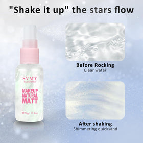 LAZORA setting spray and powder puff shown ready to lock a finished look