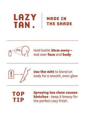 Lazy Tan fine mist close-up demonstrating even coverage benefit