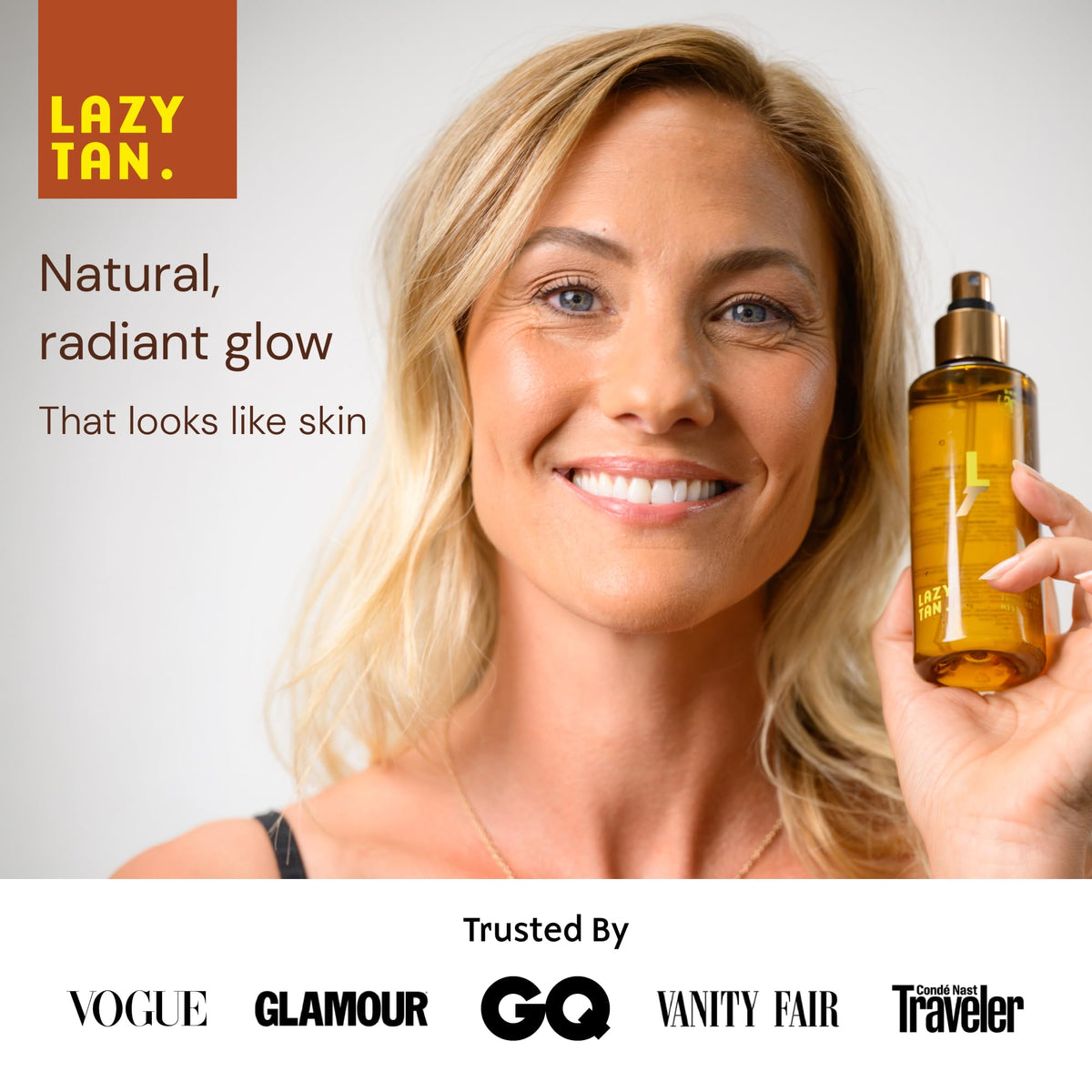 Lazy Tan spray texture on skin highlighting hydrating, streak-free finish