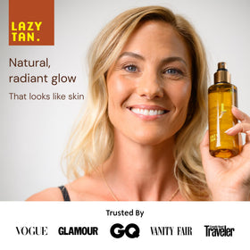 Lazy Tan spray texture on skin highlighting hydrating, streak-free finish