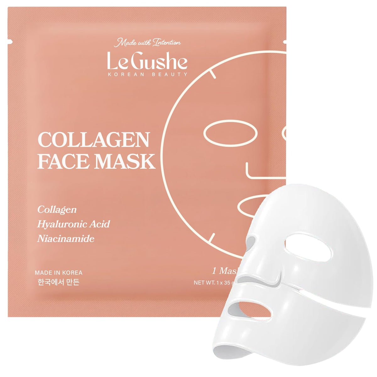 LE GUSHE front packaging showing four sealed hydrogel mask packs and benefits