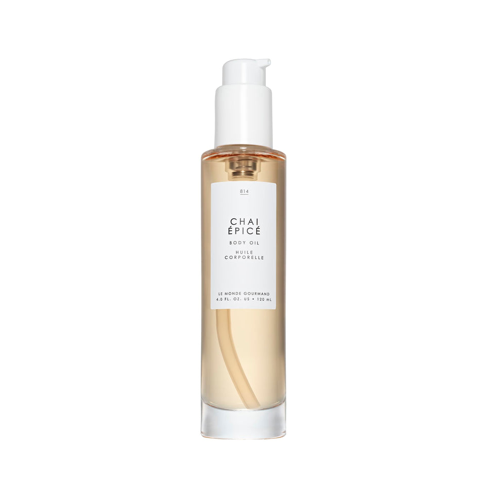Le Monde Gourmand bottle front showing elegant packaging and inviting chai scent