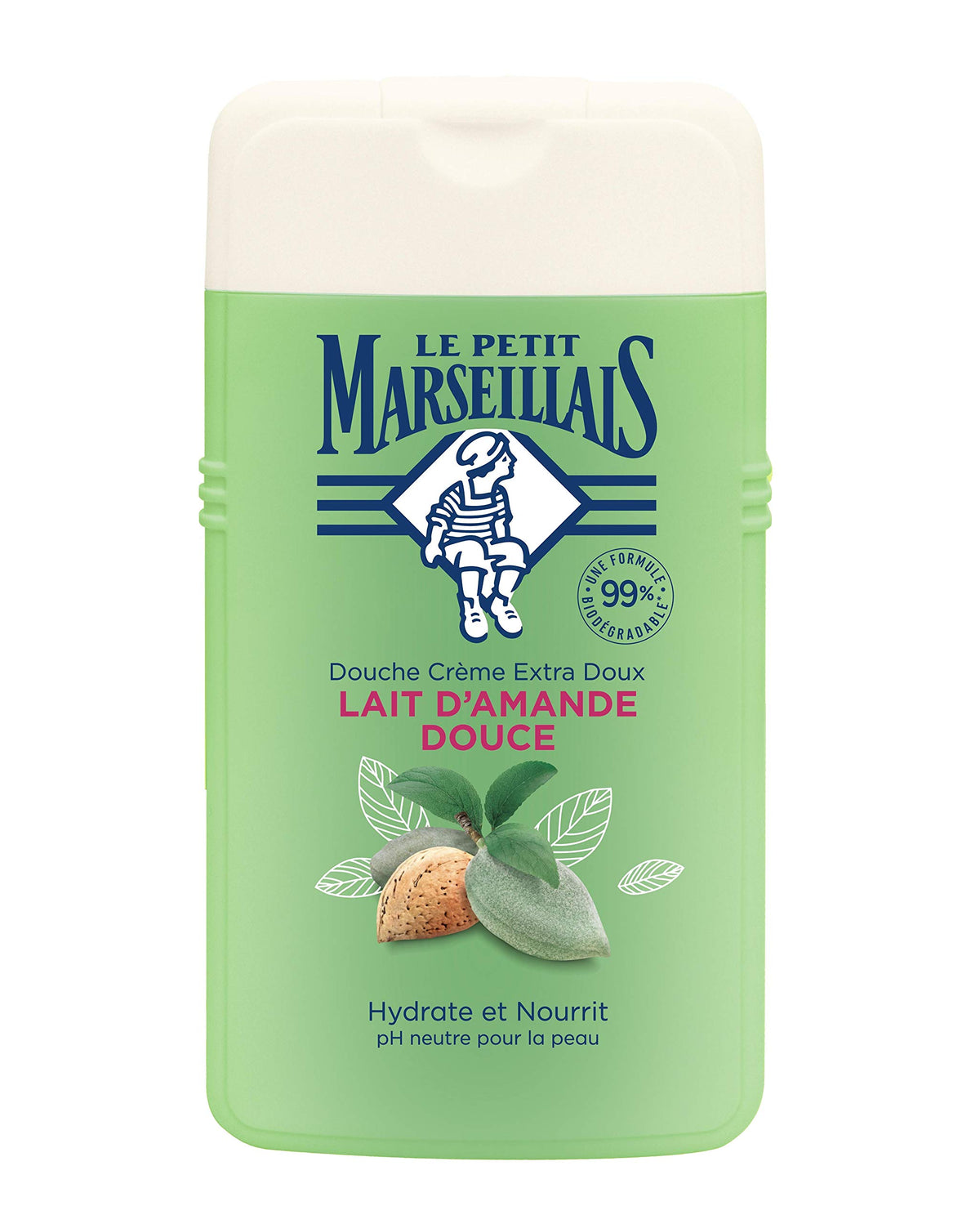Le Petit Marseillais almond shower gel front view showing label and 250 ml bottle benefit: clear identification