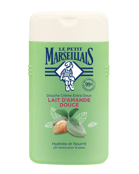 Le Petit Marseillais almond shower gel front view showing label and 250 ml bottle benefit: clear identification
