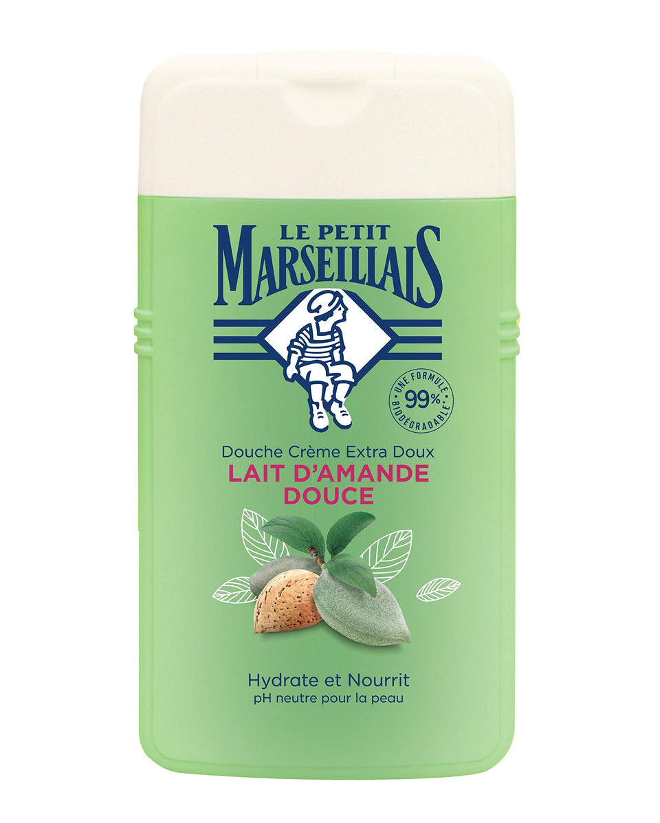 Le Petit Marseillais almond shower gel front view showing label and 250 ml bottle benefit: clear identification