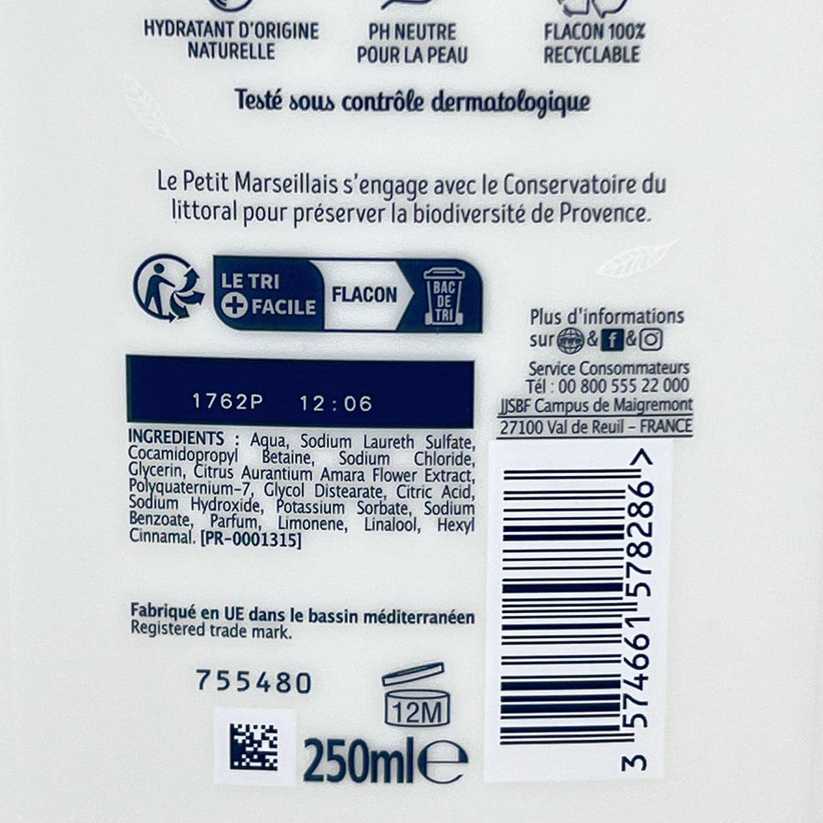 Le Petit Marseillais label close-up showing ingredients and product info