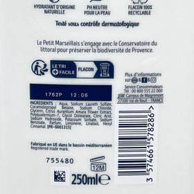 Le Petit Marseillais label close-up showing ingredients and product info