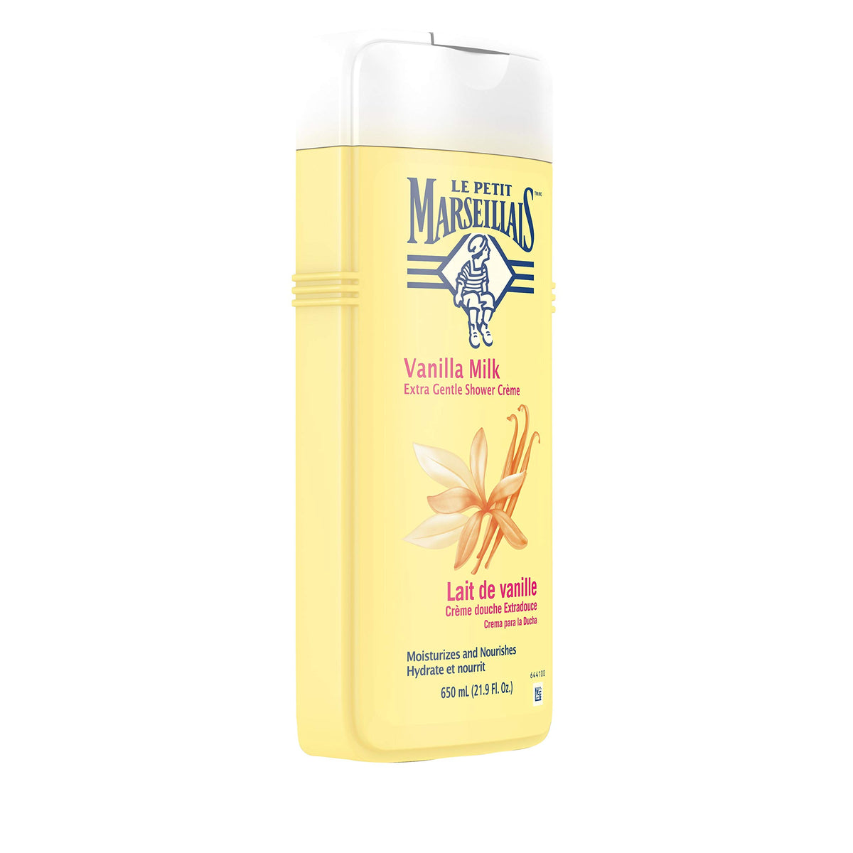 Le Petit Marseillais close-up label highlighting vanilla milk ingredient benefit